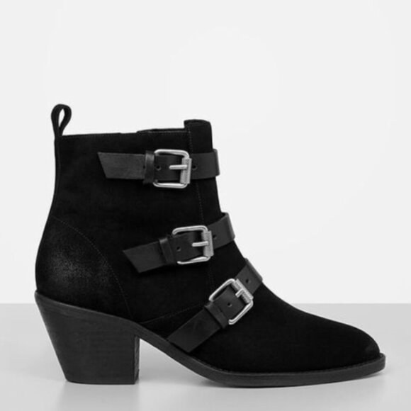 ALLSAINTS Lulu Triple Buckle Black Suede Leather Moto Ankle Boot Size 38 - Picture 1 of 9